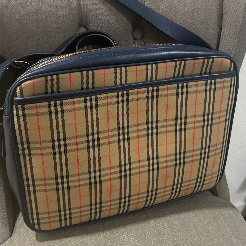 Burberry Men’s Plaid Crossbody Bag in Beige and Navy